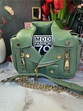 Sage Green Moto-Style Crossbody Bag with Gold Chain